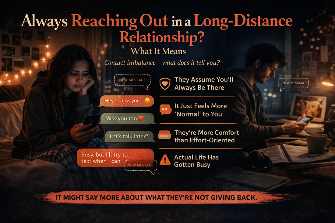 Alt Text: Infographic showing one-sided communication in a long-distance relationship with woman repeatedly texting while partner appears distant