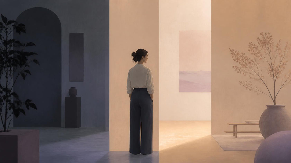 Editorial illustration of a lone figure between a closed dark space and an open light space, symbolizing healing versus avoiding feelings.