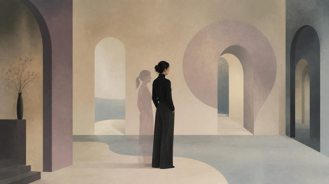 Editorial illustration of an adult figure with a faint younger shadow behind them, symbolizing childhood attachment patterns repeating in adult relationships.