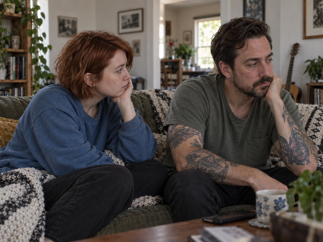 Couple sitting emotionally disconnected on a sofa, with one partner seeking closeness while the other turns away, representing the anxious and avoidant relationship dynamic