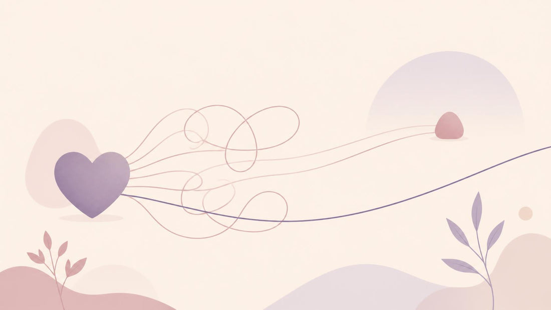 A soft flat vector heart with looping lines reaching toward a distant shape, symbolising anxious attachment after a breakup
