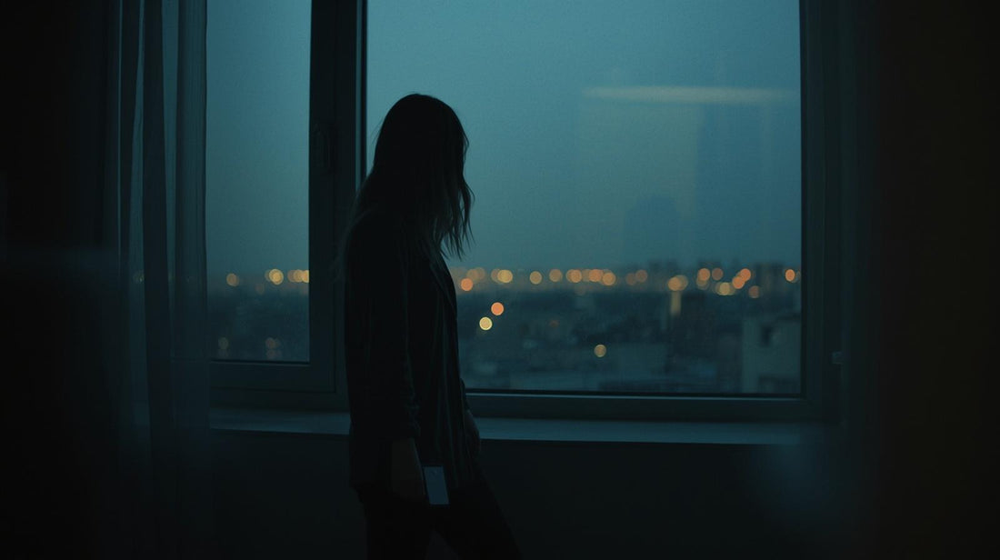 Person standing by window at dusk holding phone, reflecting on whether a long distance relationship is worth it