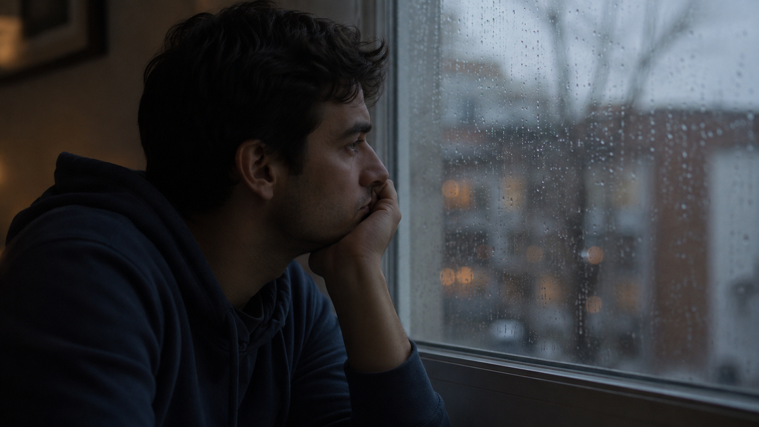 Man sitting by a rain-covered window, reflecting on whether his ex is happier with someone new after a breakup.