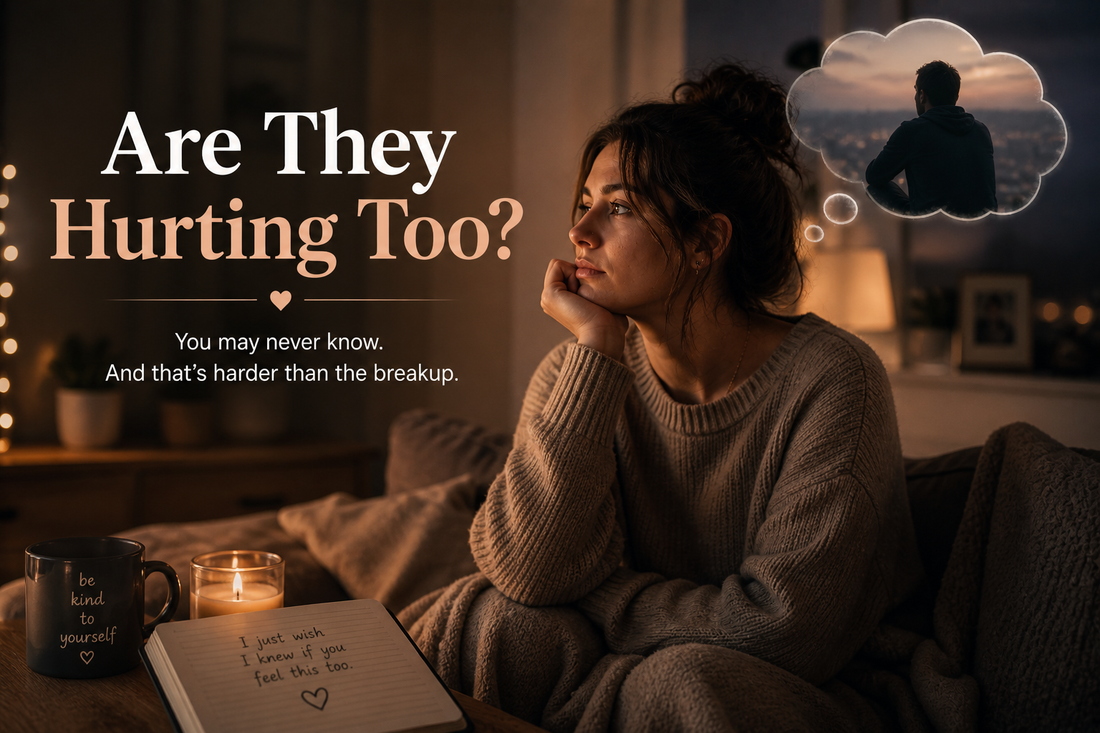Woman sitting alone in a softly lit room looking thoughtful and distant, wondering if her ex is feeling the same pain after the breakup
