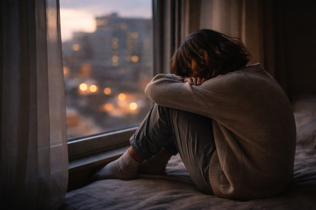 A person sitting alone by a window at dusk, resting their head on folded arms and wondering whether the person who left is hurting too.