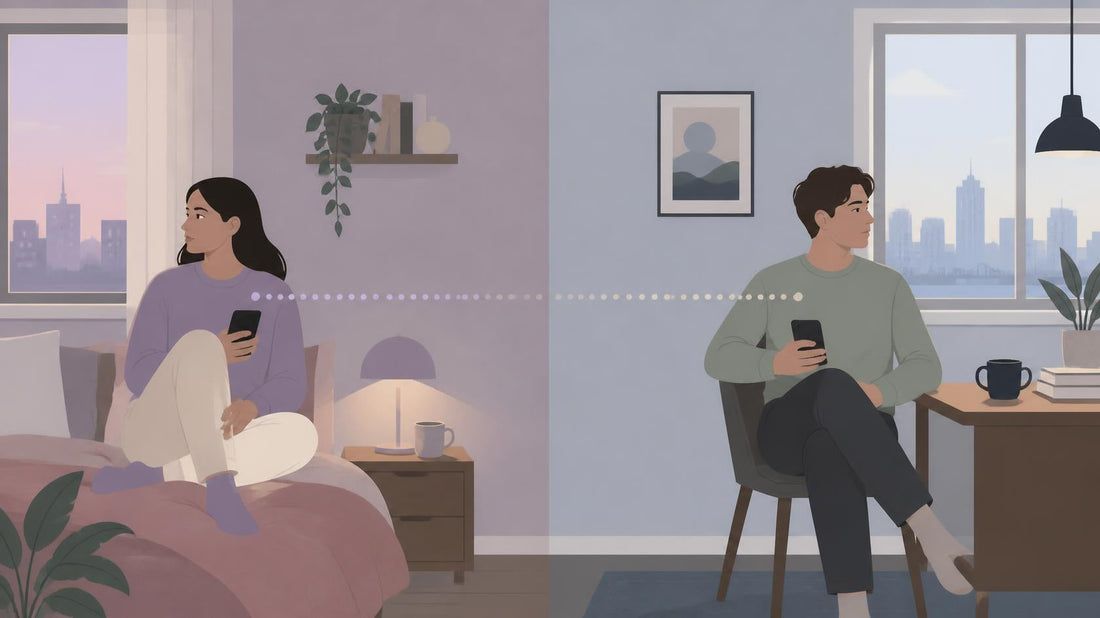 Two partners in separate rooms holding phones with a fading broken communication line between them, illustrating drifting apart in a long-distance relationship.