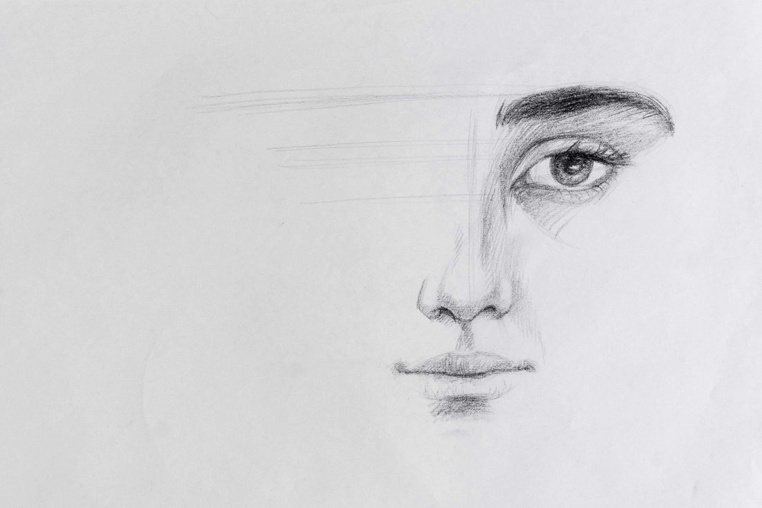 Pencil sketch of a woman’s face with one detailed eye, representing a psychic or AI soulmate portrait.