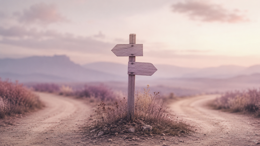 Wooden signpost at a forked path in a soft pastel landscape, symbolizing no contact choices and attachment styles after a breakup.