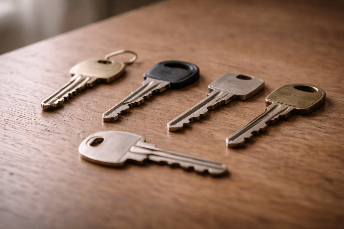 Several different house keys with nearly identical cut patterns resting on a wooden table, symbolizing repeated relationship patterns despite different partners