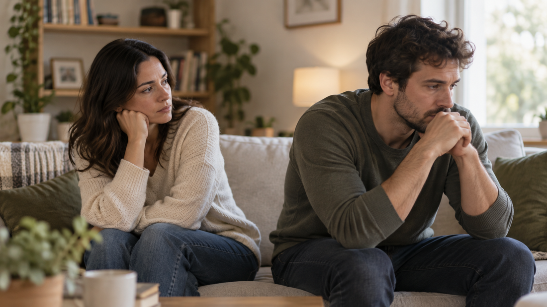 Couple sitting apart on a sofa, with one partner seeking connection while the other withdraws, representing avoidant attachment and emotional unavailability in relationships