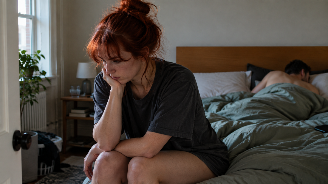 Red-haired woman sitting apart from her partner on a bed, reflecting body insecurity and avoiding sex because of negative body image.