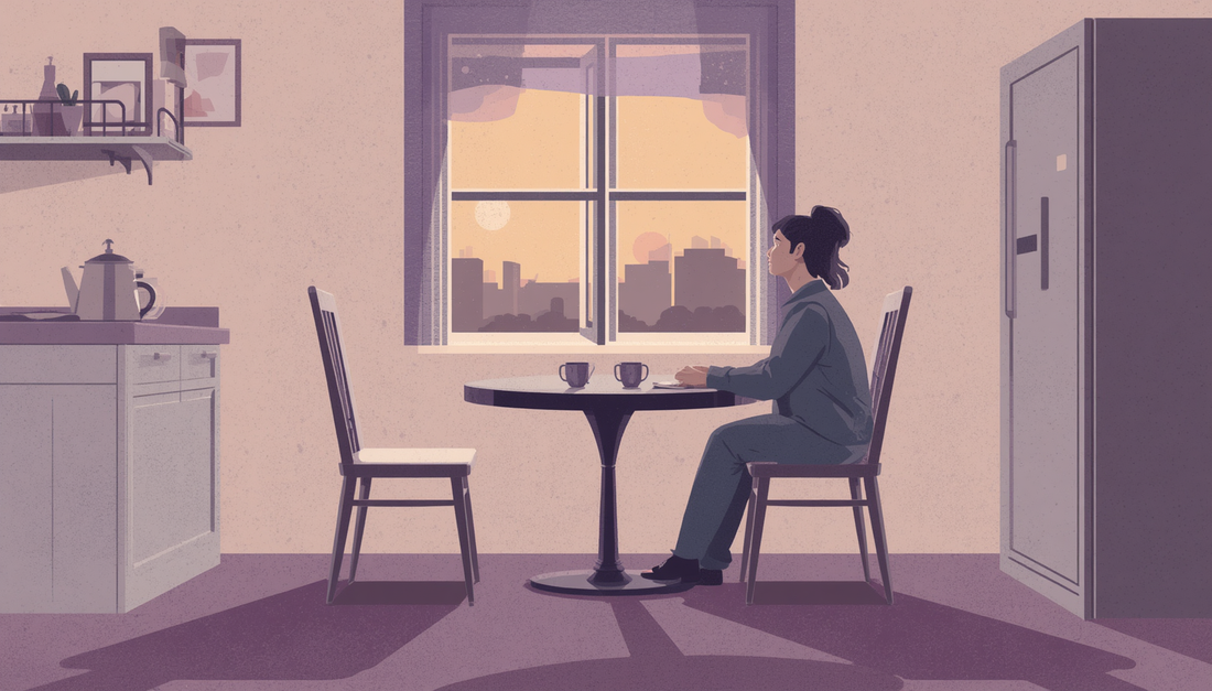 Editorial illustration of a lone reflective figure between a familiar painful relationship and the fear of being alone.