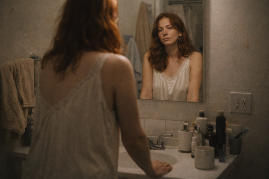 Red-haired woman in her late 30s stands at a bathroom sink in a nightgown, looking at her reflection with a distant, inward expression.