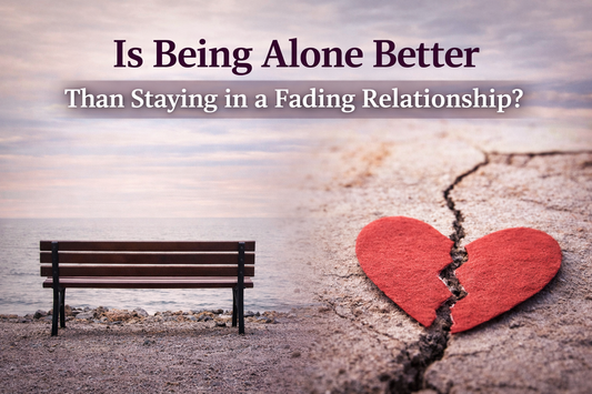 Empty bench facing the sea next to a broken heart on cracked ground symbolizing choosing solitude over staying in a fading relationship