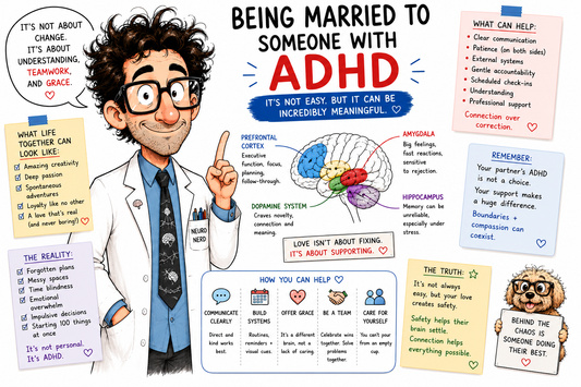 Geeky neuroscientist explaining what it is like being married to someone with ADHD, highlighting communication challenges, emotional intensity, teamwork, understanding, and relationship strengths.