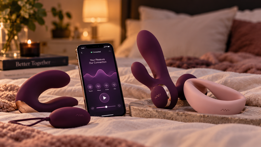 Generic personal vibrators in a soft bedroom setting representing low libido and reconnecting with pleasure