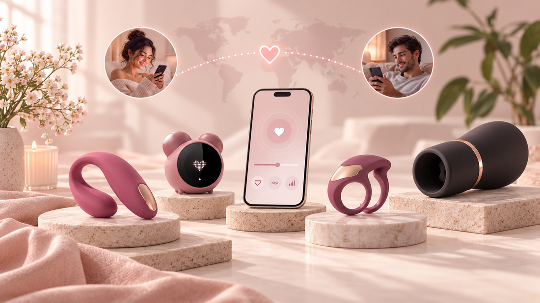 App-controlled intimacy toys and smartphone representing remote partner control for long-distance couples