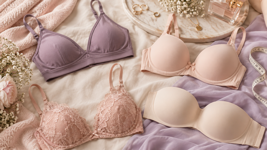 Pastel bras for woman with small breasts arranged on soft fabric with measuring tape and feminine accessories