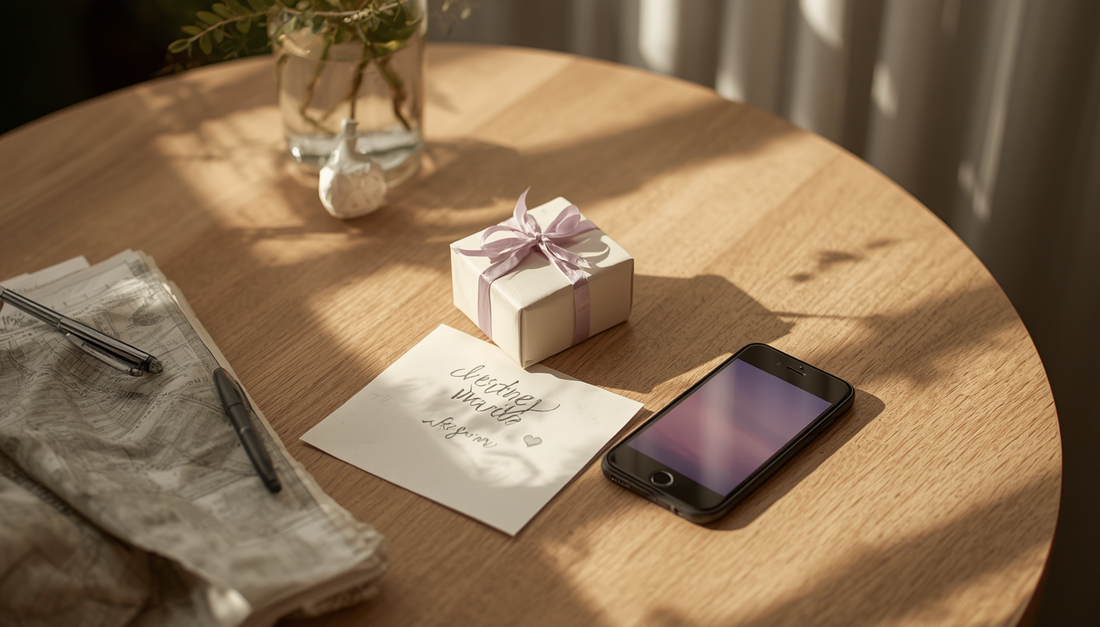 A wrapped gift, handwritten note, phone, and travel items on a table, representing meaningful long-distance relationship gifts.