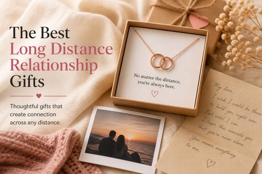 Personalized long distance relationship necklace in a gift box with handwritten letter and photo, symbolizing emotional connection across distance