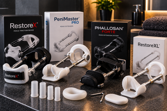 Penis extender traction devices including RestoreX, PeniMaster PRO, PHALLOSAN forte and RestoreXL displayed with accessories on a dark countertop, illustrating different penile traction systems for penis lengthening and Peyronie’s disease