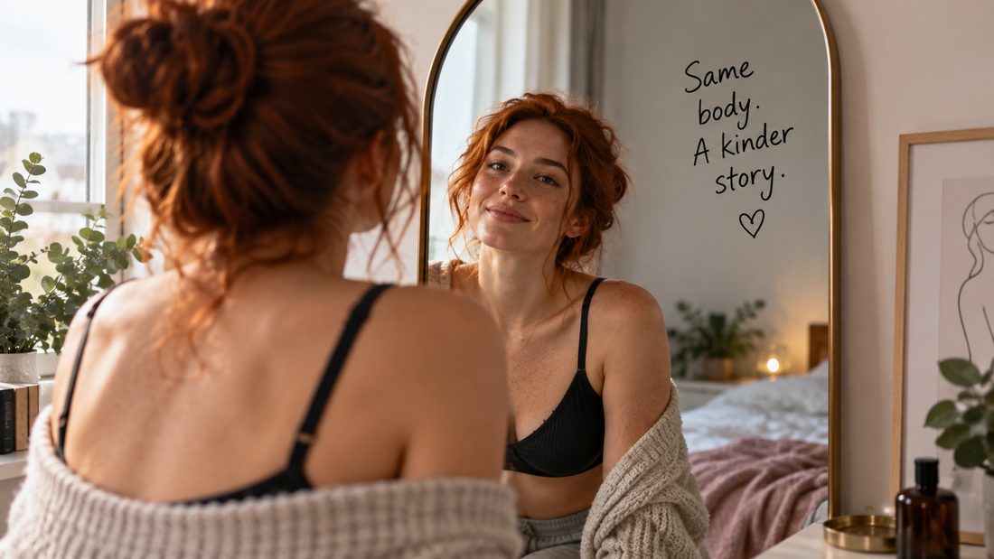 A woman with red hair looking at her reflection in a bedroom mirror, wearing a black bra and a light gray knit sweater draped off her shoulders. 