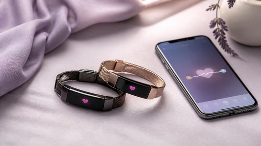 Photorealistic editorial product shot of two smart touch bracelets for long-distance couples beside a smartphone on a soft neutral surface.