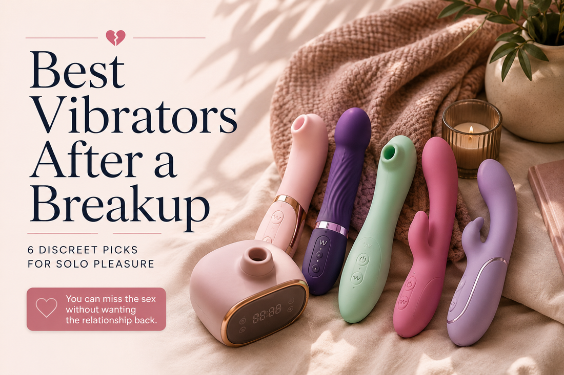Best vibrators after a breakup arranged on soft bedding for a discreet solo pleasure buying guide.
