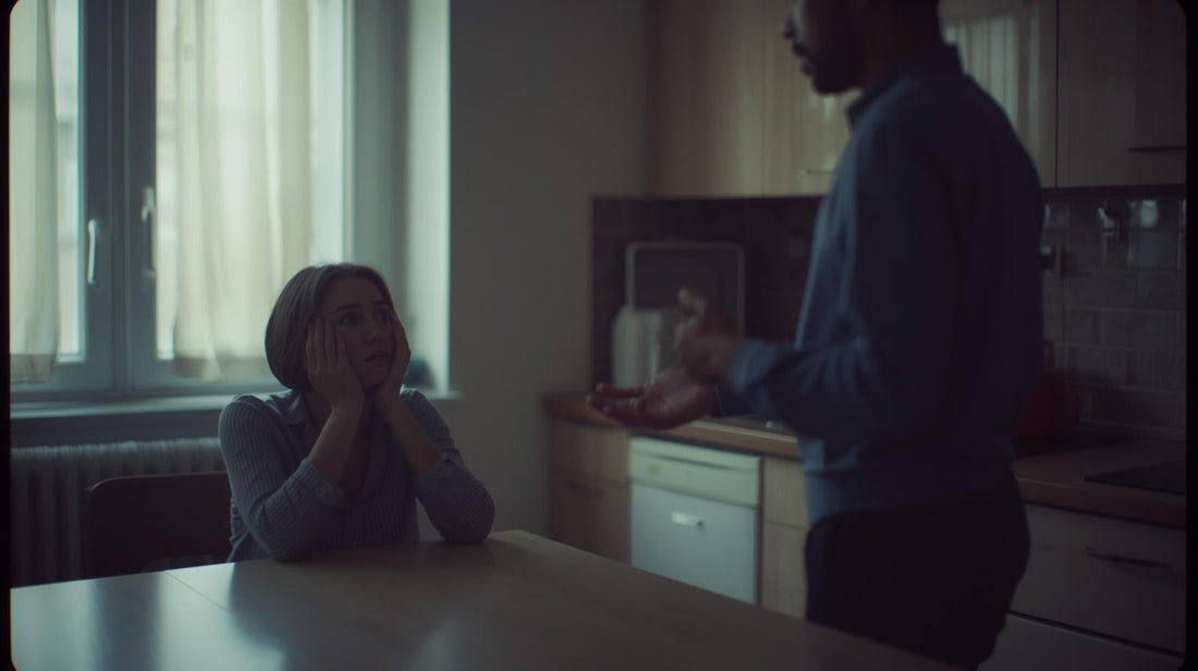 woman sitting defensively at a kitchen table while partner stands across from her during tense conversation symbolizing blame shifting in a narcissistic relationship