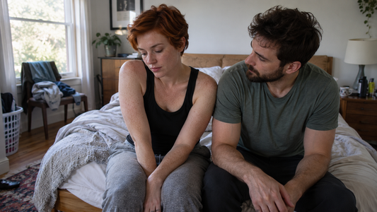 Red-haired woman sitting self-consciously beside her partner on a bed, representing body insecurity and its effect on sexual intimacy.