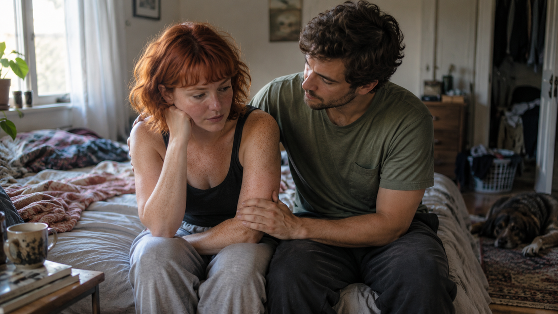 Man comforting his red-haired partner on a bed, representing body reassurance, emotional support and insecurity in relationships.