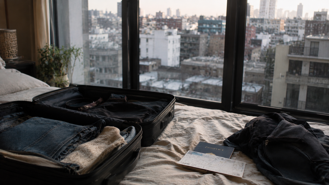 Half-packed suitcase on a bed beside a passport and travel ticket, overlooking a city skyline through an apartment window, symbolizing the difficult decision of relocating for a relationship and closing the distance between partners.
