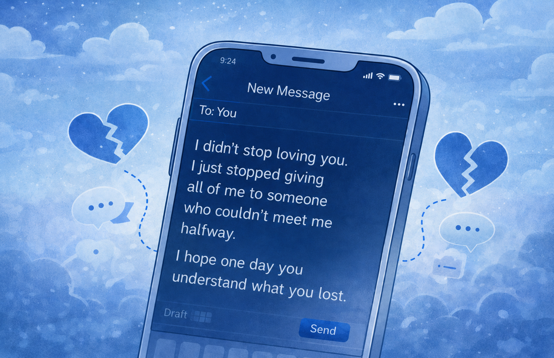 Blue-toned illustration of a smartphone displaying an emotional breakup message, surrounded by broken heart icons and message bubbles, symbolizing unsent texts, heartbreak, attachment, and lingering feelings after a breakup.