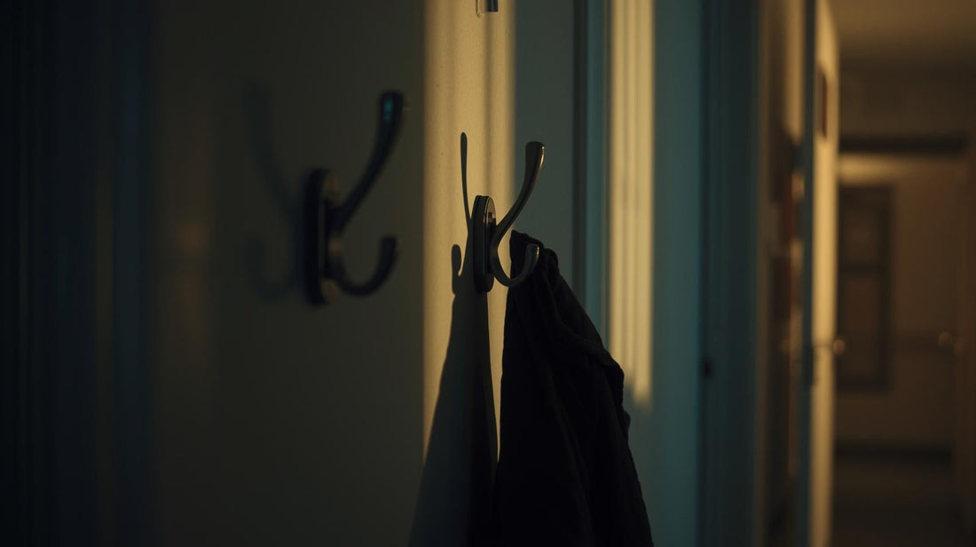 Wall coat hooks with one empty space and one jacket hanging
