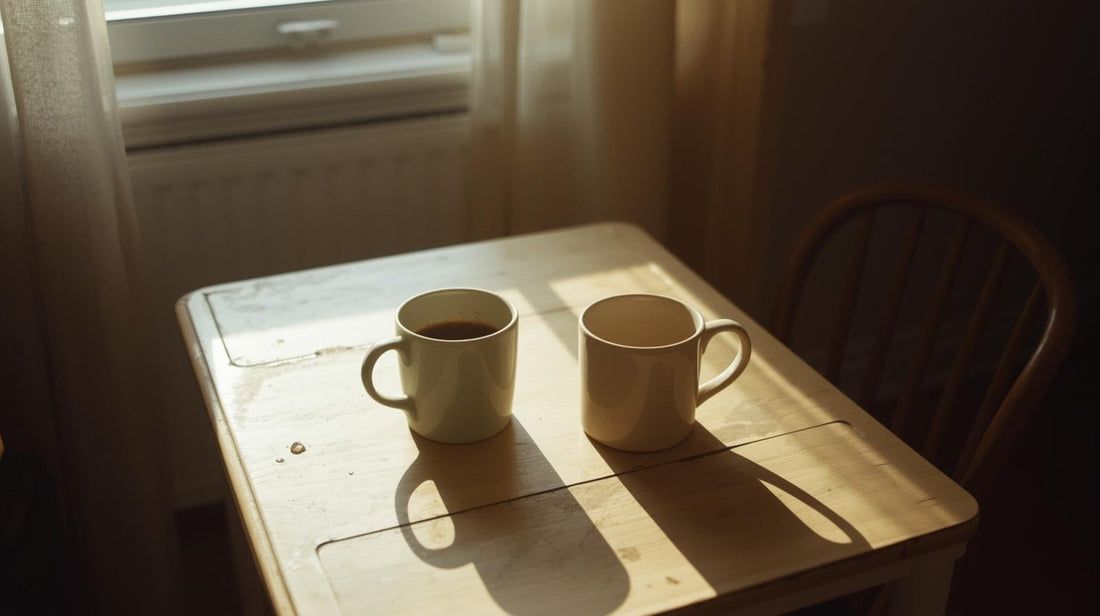 Two coffee mugs on table, one untouched, morning light