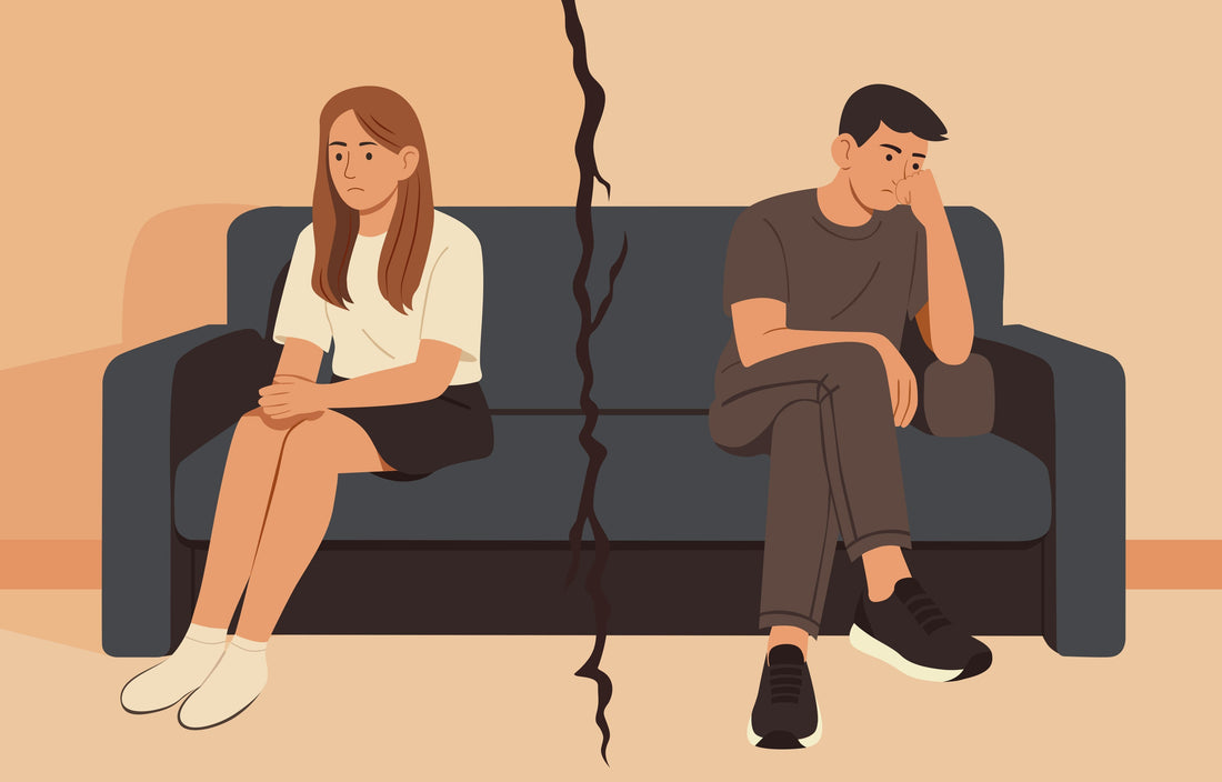 Flat vector illustration of two people in a shared space showing emotional distance and sadness, representing the complex grief of ending a relationship with a good person who isn't right for you