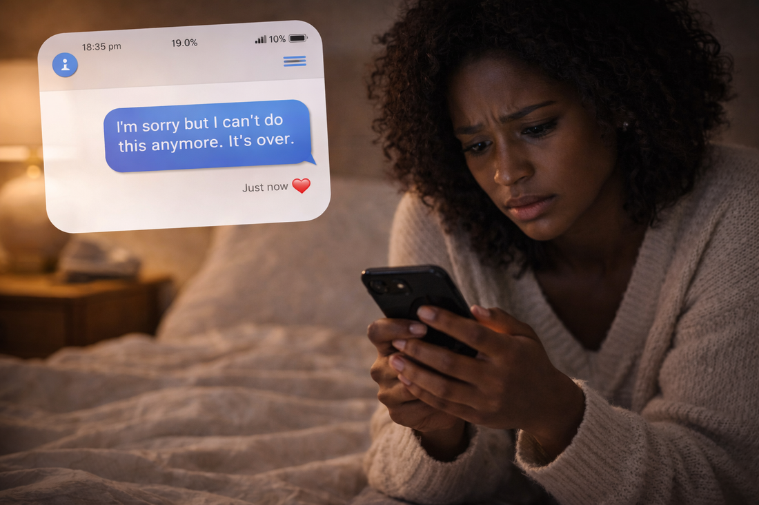 `Woman reading a breakup text message on her phone, showing the emotional impact of being dumped over text`