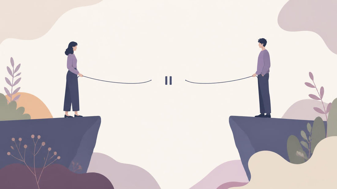 Two simplified figures standing on opposite cliff edges with a broken connecting line and pause symbol, illustrating a long-distance relationship break and emotional distance.