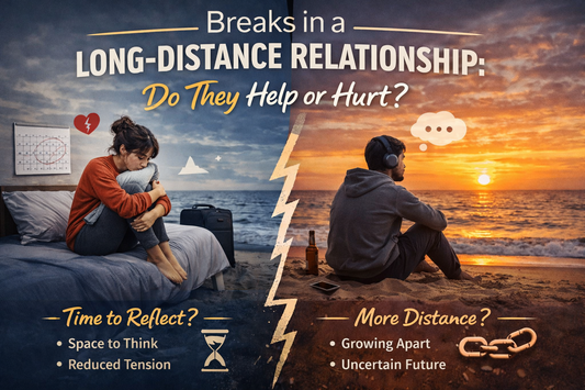 Split-screen infographic showing couple taking a break in a long-distance relationship illustrating whether breaks help or create emotional distance