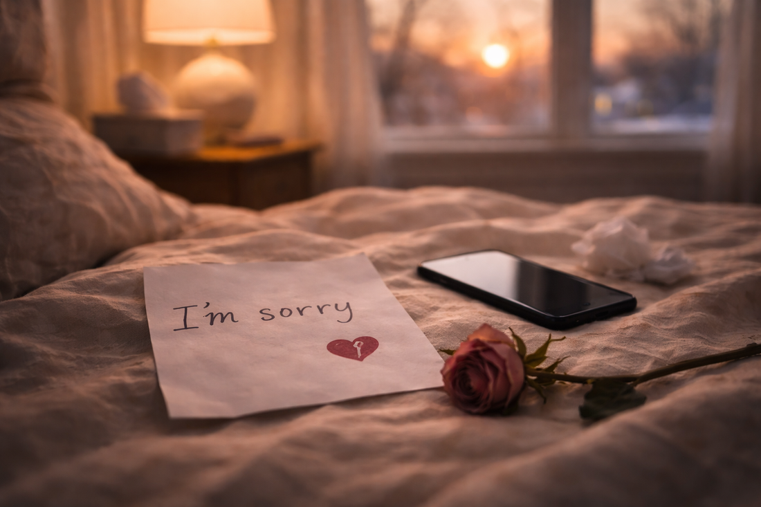 Handwritten apology note reading 'I'm sorry' beside a rose and smartphone on an unmade bed at sunset, symbolizing heartbreak, regret, and unresolved emotions after a breakup.