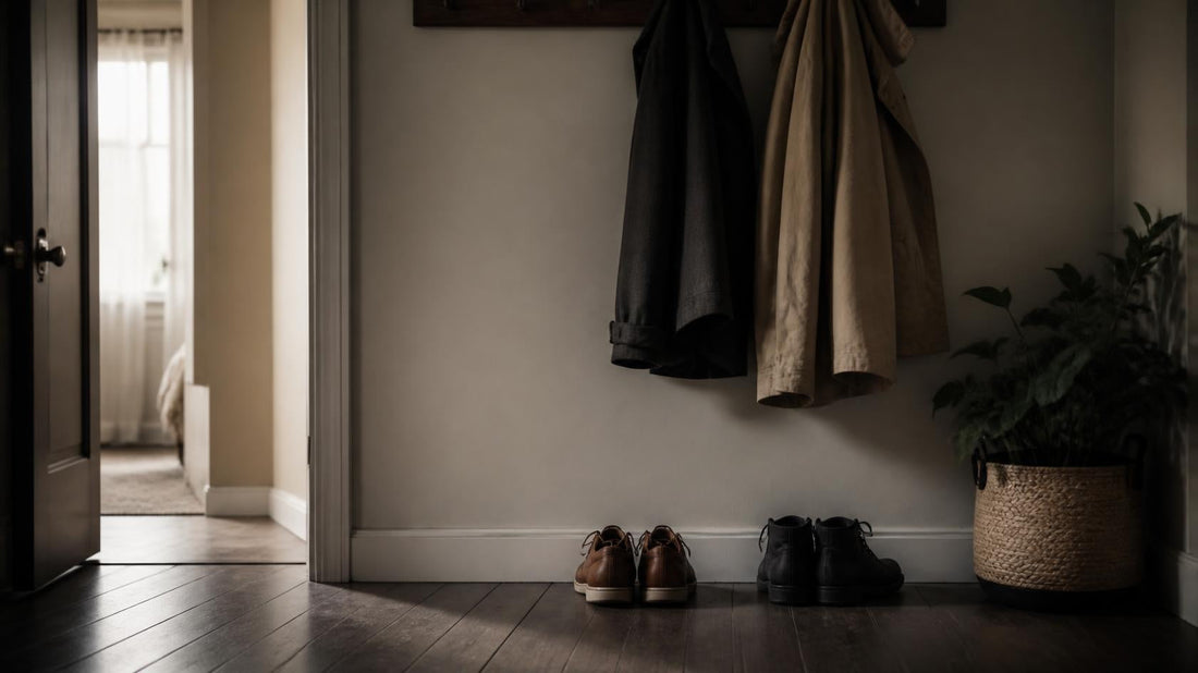 Quiet domestic entryway with two pairs of shoes and hanging coats by a doorway, symbolizing a close but emotionally complicated relationship and the question of whether codependency can be saved.