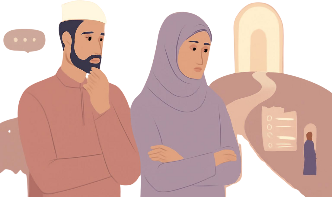 Can a haram relationship lead to marriage? Muslim man and woman at a crossroads with fading message bubbles and two paths toward marriage or separation.