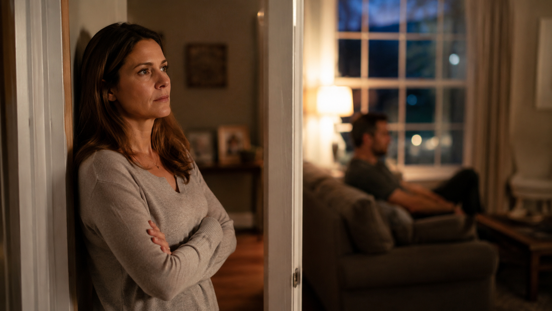 Woman standing near an open doorway while her husband sits behind her, reflecting uncertainty about saving a narcissistic marriage.