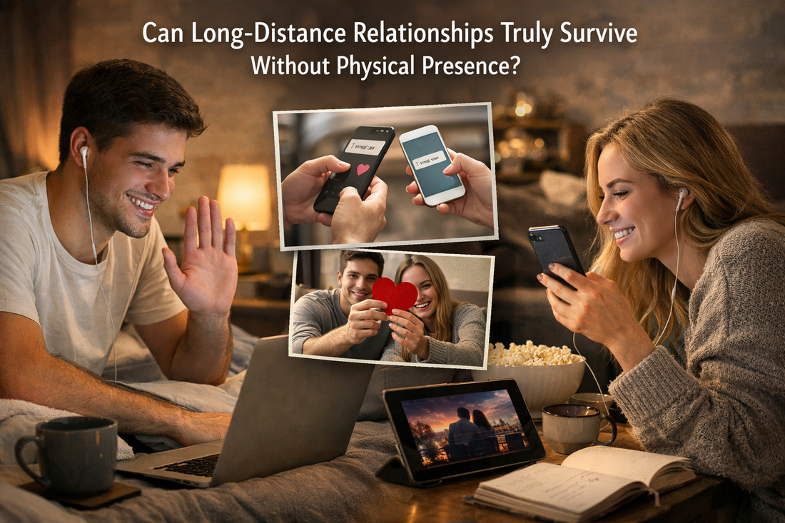 Couple video calling from separate homes showing how long distance relationships can survive without physical presence
