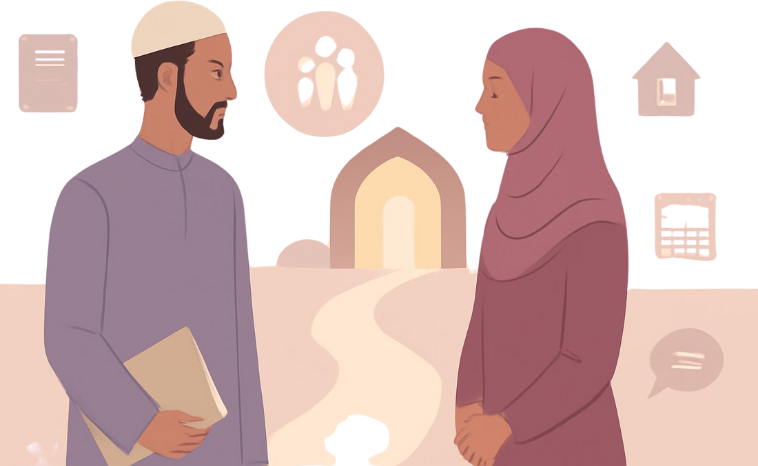Modest Muslim couple in a respectful pre-marriage conversation about boundaries and marriage.