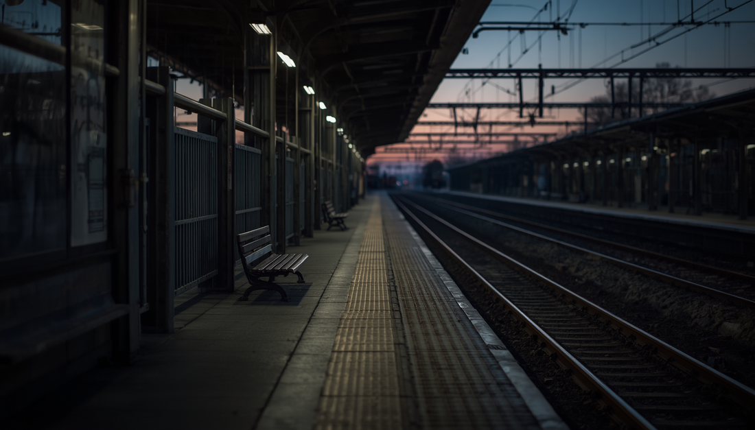An empty train platform at dusk symbolizing healing without getting answers.