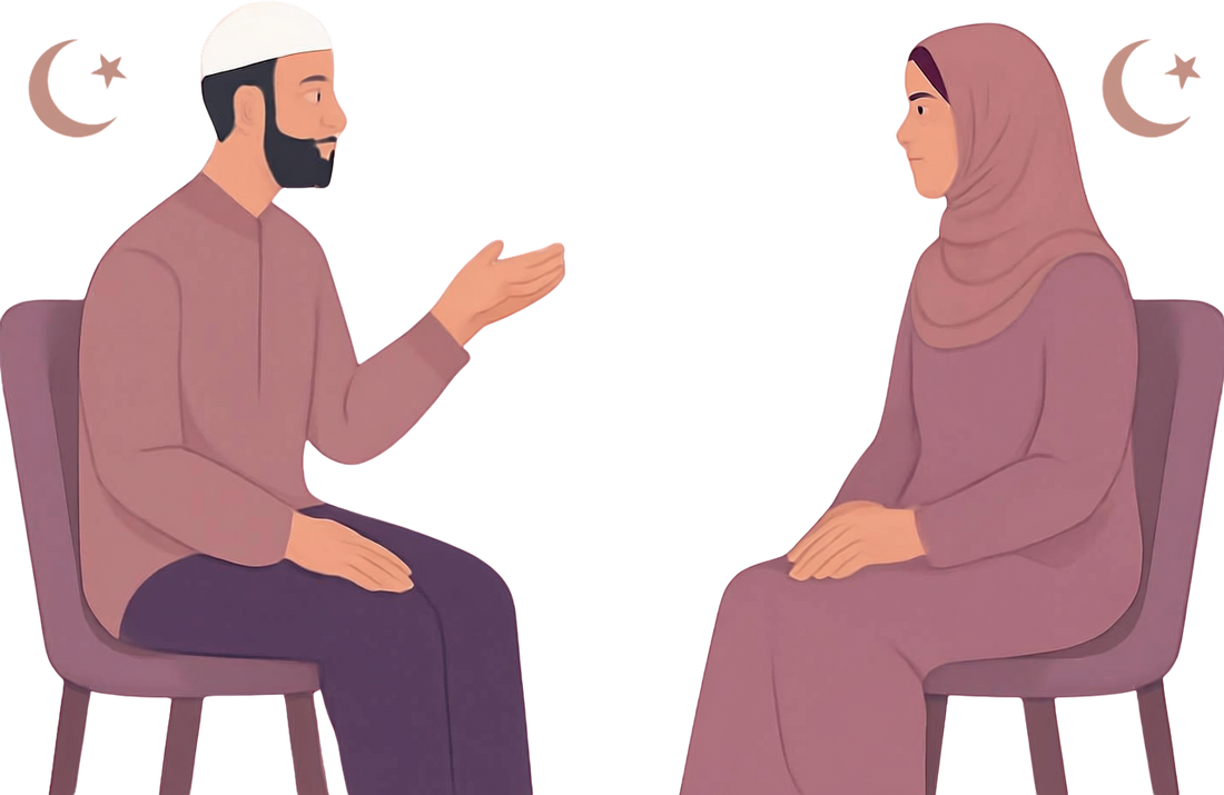 Can you talk to someone you intend to marry in Islam? Muslim man and woman in a respectful marriage conversation with a notebook and crescent-and-star symbol.