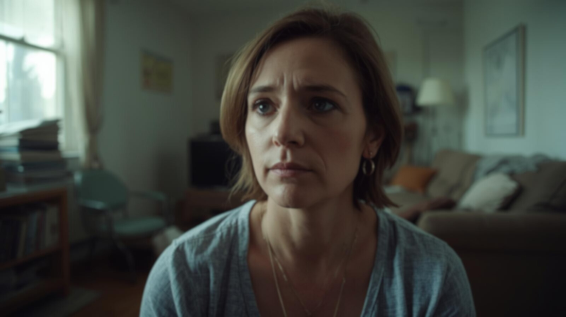 Woman sitting quietly with a distant look, unable to stop thinking about her ex.