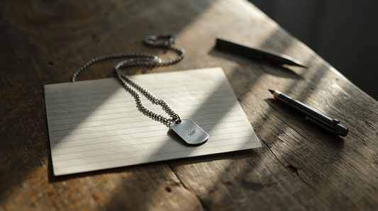 Simple dog tag necklace placed on a handwritten letter as a meaningful long distance relationship gift