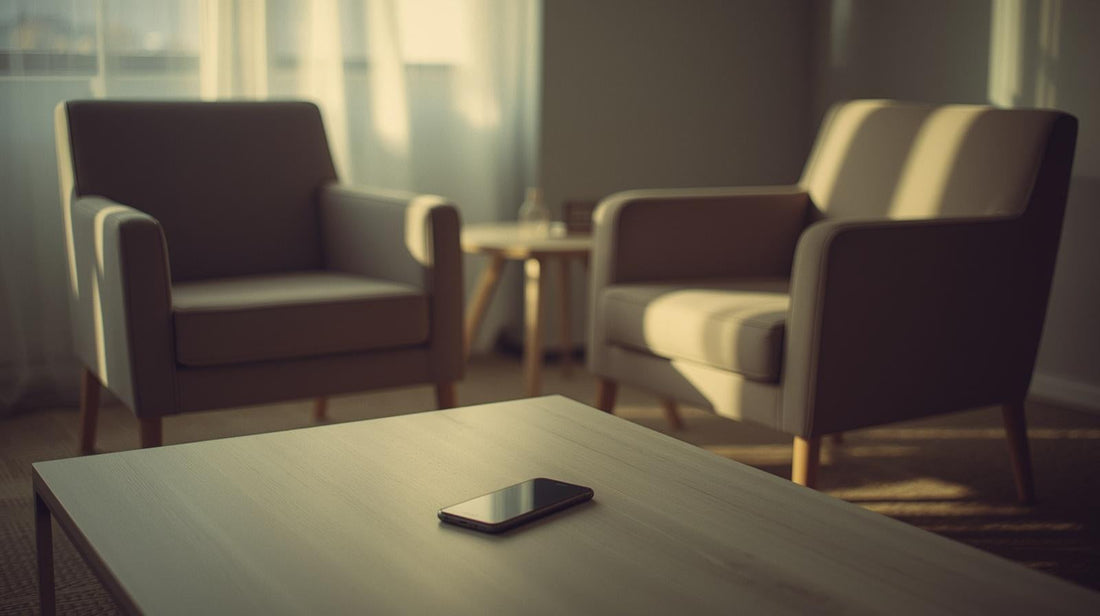 Phone on coffee table in quiet room symbolizing suspicion and betrayal in a relationship